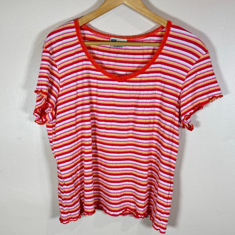 VTG Y2K Faded Glory Crop Top Lettuce Hem Striped Lace Scoop Neck Medium